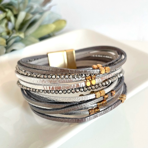 Gray Beaded Leather Wrap Bracelet - Picture 2 of 4